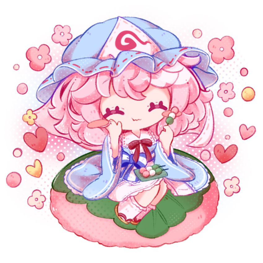 1girl absurdres blue_kimono cherry_blossoms chibi closed_eyes eating folding_fan food frilled_kimono frills ghost hand_fan hat heart highres holding holding_food inukkomaru japanese_clothes kimono mob_cap pink_eyes pink_hair saigyouji_yuyuko sitting sleeve_garter solo touhou triangular_headpiece