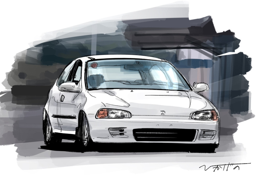 artist_name car highres hikageno honda honda_civic motor_vehicle no_humans original shadow sketch vehicle_focus white_car