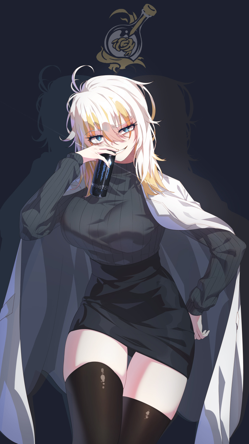 1girl absurdres black_skirt blue_eyes coat coat_on_shoulders energy_drink faust_(project_moon) highres limbus_company long_sleeves looking_at_viewer monster_energy pencil_skirt project_moon skirt solo sushispin thighhighs turtleneck white_coat white_hair