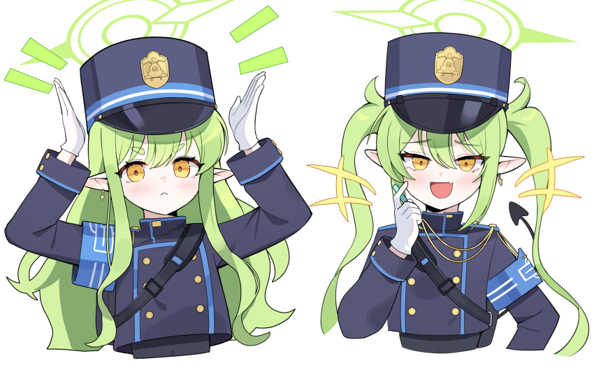 2girls :&lt; :d absurdres aiguillette armband blue_archive blue_armband blue_hat blue_jacket blush buttons closed_mouth collared_jacket cropped_torso dalgam12 demon_tail double-breasted earrings fang gloves green_hair hand_on_own_cheek hand_on_own_face hat highres hikari_(blue_archive) jacket jewelry long_hair multiple_girls nozomi_(blue_archive) open_mouth pointy_ears rabbit_pose shako_cap shoulder_boards siblings side-by-side sidelocks sisters skin_fang smile tail twins twintails wavy_hair white_gloves