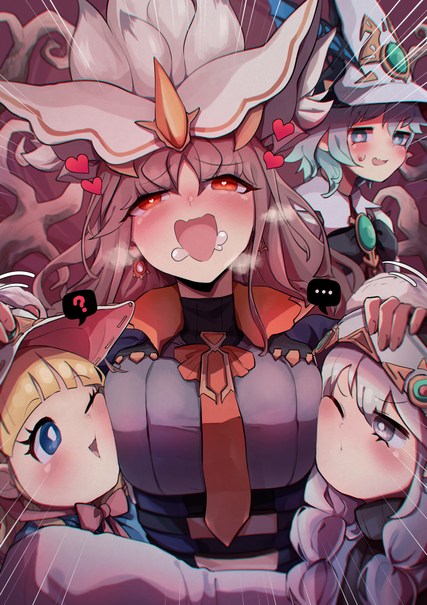 ... 4girls ? absurdres asteria_of_the_white_woods blonde_hair blue_eyes blush breasts brown_hair c_civciv drooling duel_monster face_to_breasts grey_eyes hand_on_another's_head hat heart highres hug large_breasts long_hair multiple_girls necktie one_eye_closed open_mouth orange_eyes pedophile pervert rcia_of_the_white_woods risette_of_the_white_woods silve_of_the_white_woods spoken_ellipsis spoken_question_mark white_hair witch_hat wizard_hat yu-gi-oh! yuri