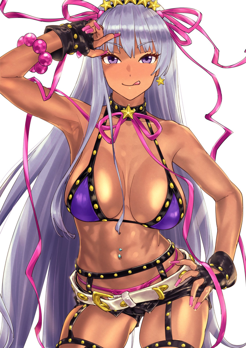 1girl arm_up bangs bare_shoulders bb_(fate) bb_(swimsuit_mooncancer)_(fate) bb_(swimsuit_mooncancer)_(second_ascension)_(fate) bead_bracelet beads belt bikini black_garter_belt black_gloves black_shorts blush bracelet breasts cleavage collarbone dark-skinned_female dark_skin fate/grand_order fate_(series) fingerless_gloves gloves hair_ornament hair_ribbon hairband hand_on_hip highres jewelry large_breasts licking_lips long_hair looking_at_viewer loose_belt micro_shorts nail_polish navel navel_piercing neck_ribbon piercing pink_nails purple_bikini purple_eyes purple_hair ribbon shorts smile solo star_(symbol) star_hair_ornament studded_garter_belt suna swimsuit tan thighhighs thighs tongue tongue_out very_long_hair white_belt