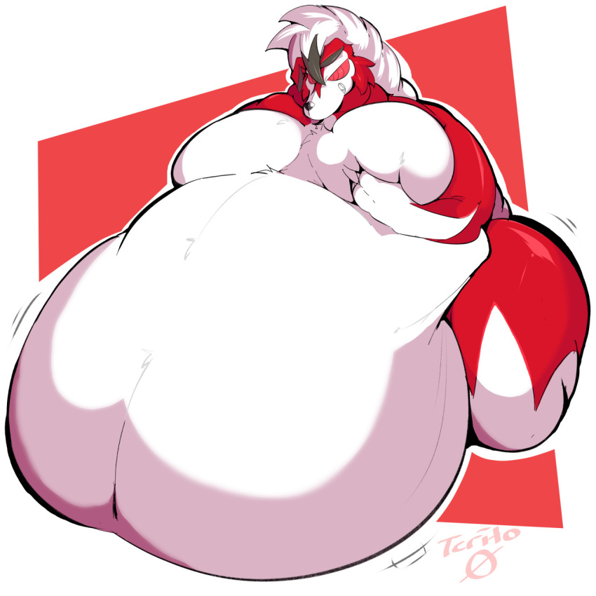 anthro belly belly_overhang belly_scales big_belly big_moobs evil_face from_front_position fur hand_on_chest hi_res huge_hips huge_thighs hyper hyper_belly hypnotic_eyes lycanroc male massive_belly moobs motion_lines multicolored_body multicolored_fur navel nintendo obese obese_anthro obese_male overweight overweight_anthro overweight_male pok&eacute;mon pok&eacute;mon_(species) red_body red_eyes red_fur scales simple_background smile solo squish teasing terito thick_thighs two_tone_body two_tone_fur video_games weight_gain white_background white_body white_fur wide_hips