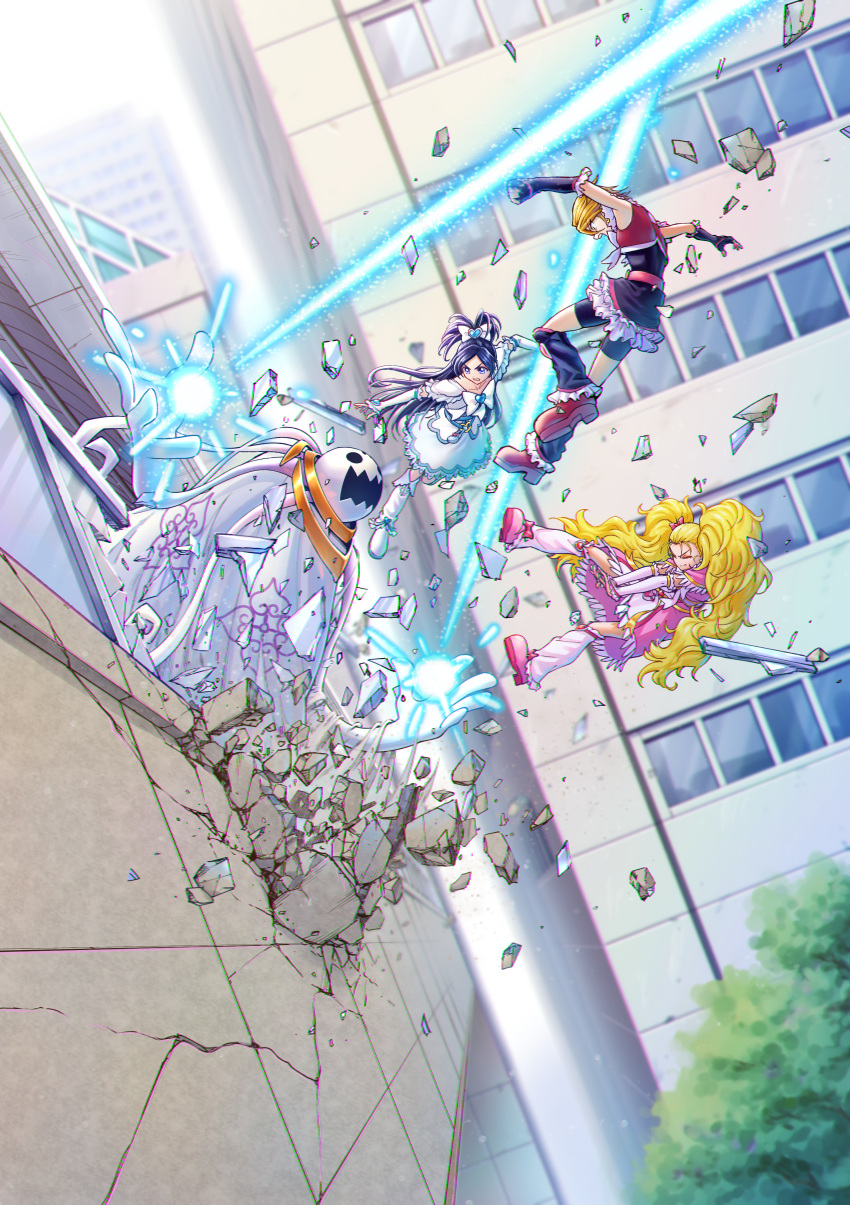 3girls absurdres bike_shorts black_gloves black_shorts blonde_hair blue_hair bow brown_hair cure_black cure_white day detached_sleeves dress elbow_gloves fighting fingerless_gloves floating_hair frilled_gloves frills futari_wa_precure gloves hair_bow highres hugtto!_precure itou_shin'ichi layered_skirt leg_warmers long_hair miden_(precure) miniskirt multiple_girls outdoors pink_dress pink_footwear precure precure_all_stars shiny shiny_hair shiny_luminous short_dress short_hair short_shorts shorts shorts_under_skirt skirt twintails very_long_hair white_bow white_dress white_skirt white_sleeves