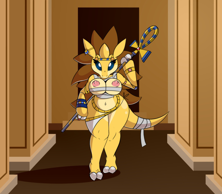 2018 2_toes anthro areola big_breasts blue_eyes bracelet breasts claws clothed clothing detailed_background egyptian egyptian_clothing egyptian_mythology feet female headgear headwear holding_object inside jewelry long_tail looking_at_viewer middle_eastern_mythology mythology navel nintendo nipples not_a_furfag pink_areola pink_nipples pok&eacute;mon pok&eacute;mon_(species) sandslash solo toes video_games wide_hips yellow_body yellow_ears yellow_skin yellow_tail