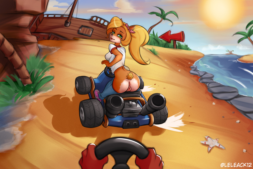 absurd_res activision anthro bandicoot big_butt bodily_fluids butt coco_bandicoot crash_bandicoot crash_bandicoot_(series) crash_team_racing_(series) crash_team_racing_nitro-fueled female female/female first_person_view genital_fluids genitals hi_res kart leleack12 mammal marsupial palm_tree plant pussy pussy_juice solo tree vehicle video_games wheel