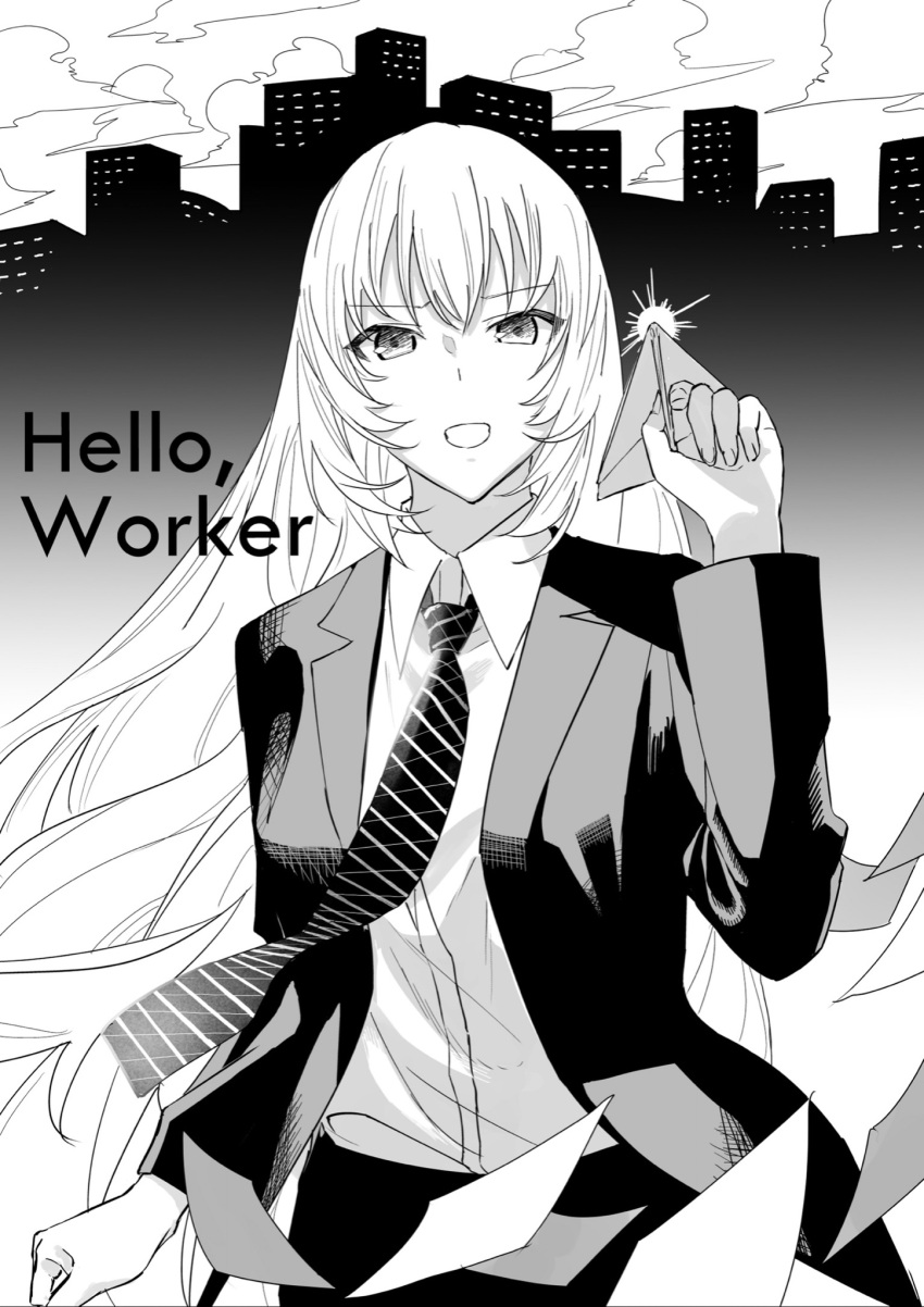 1girl 6o2_(rokumaruni) black_jacket business_suit cityscape commentary cowboy_shot dress_jacket flying_paper formal greyscale hand_up hello_worker_(vocaloid) highres holding_paper_airplane jacket long_hair looking_at_viewer megurine_luka monochrome necktie open_mouth paper paper_airplane solo song_name suit v-shaped_eyes vocaloid