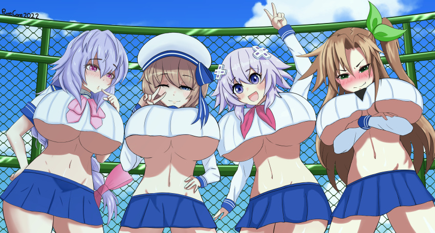 4girls absurdres alternate_breast_size alternate_costume blanc_(neptune_series) blue_eyes blush braid breasts choujigen_game_neptune cleavage closed_mouth commission commissioner_upload cowboy_shot crossed_arms d-pad eyes_visible_through_hair green_eyes hair_ornament hand_up hat highres if_(neptune_series) kami_jigen_game_neptune_v large_breasts leaf_hair_ornament looking_at_viewer miniskirt multiple_girls naughty_face navel neptune_(neptune_series) neptune_(series) no_bra no_panties one_eye_closed open_mouth outdoors purecorex purple_eyes purple_hair pururut red_eyes ribbon rooftop school_uniform shiny shiny_hair shiny_skin shirt side_ponytail single_braid skirt sky smile smug stomach thighs v