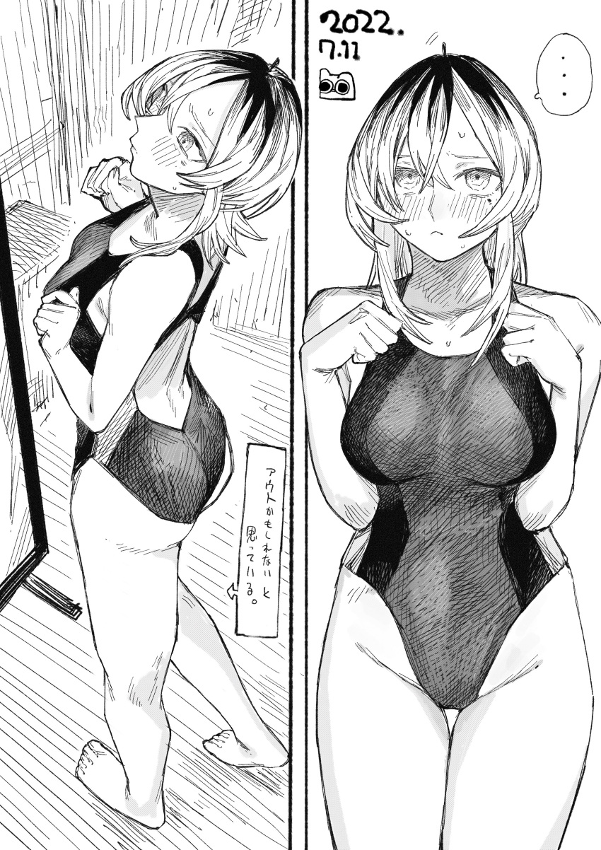 ... 1girl absurdres adjusting_clothes adjusting_swimsuit ass barefoot blush breasts closed_mouth competition_swimsuit dated embarrassed frown full_body greyscale hair_between_eyes highres mashimashi medium_breasts medium_hair mole mole_under_eye monochrome one-piece_swimsuit original standing swimsuit translation_request