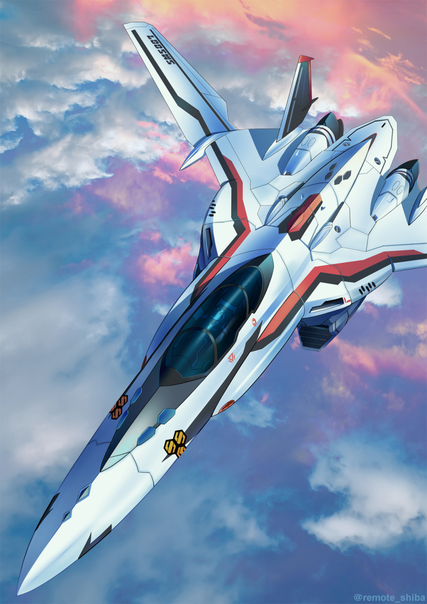 1boy cloud commentary_request flying helmet highres macross macross_frontier mecha pilot pilot_suit realistic remote_shiba robot s.m.s. saotome_alto science_fiction signature spacesuit variable_fighter vf-25 when_you_see_it