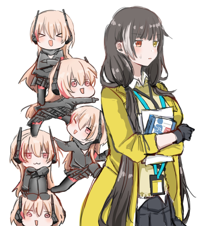 &gt;_&lt; 6+girls :3 bad_id bad_twitter_id bangs black_gloves black_hair black_jacket black_necktie black_pantyhose black_scarf black_skirt blonde_hair breasts chibi closed_eyes closed_mouth coat commentary_request cowboy_shot eyebrows_behind_hair full_body girls'_frontline gloves hair_between_eyes hair_over_shoulder headgear heterochromia highres holding holding_paper id_card jacket legs long_hair loose_clothes loose_shirt low_twintails m4_sopmod_ii_(girls'_frontline) multicolored_hair multiple_girls necktie one_eye_closed open_mouth pantyhose paper paperwork parted_lips pleated_shirt pleated_skirt pointing red_eyes red_hair ro635_(girls'_frontline) scarf shirt simple_background sitting skirt standing standing_on_another's_head streaked_hair sweat sweatdrop sweater tarakomentaiko_tarako tongue twintails very_long_hair white_background white_hair white_shirt yellow_coat yellow_eyes yellow_sweater