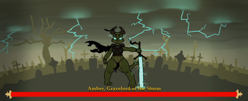 amber_(squablodecomplash) angry anthro armor belly cape cemetery clothing cloud dark_souls female fromsoftware gameplay_mechanics glowing glowing_eyes green_body green_scales green_tail health_bar holding_object holding_weapon horn kobold lighting_bolt markings melee_weapon multicolored_body multicolored_scales outside plant scales scalie sky slightly_chubby solo squablodecomplash storm sword tail_markings tombstone tree two_tone_body two_tone_scales video_games weapon