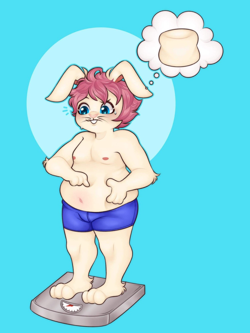 anthro bangs belly belly_squish bulge candy clothing dessert floppy_ears food hare hi_res joshie_(calahootheyeen) lagomorph leporid male mammal marshmallow moobs nervous nervous_sweat nipples overweight overweight_male rabbit slightly_chubby solo squeezing_belly squish underwear vicky_art weight_gain whiskers
