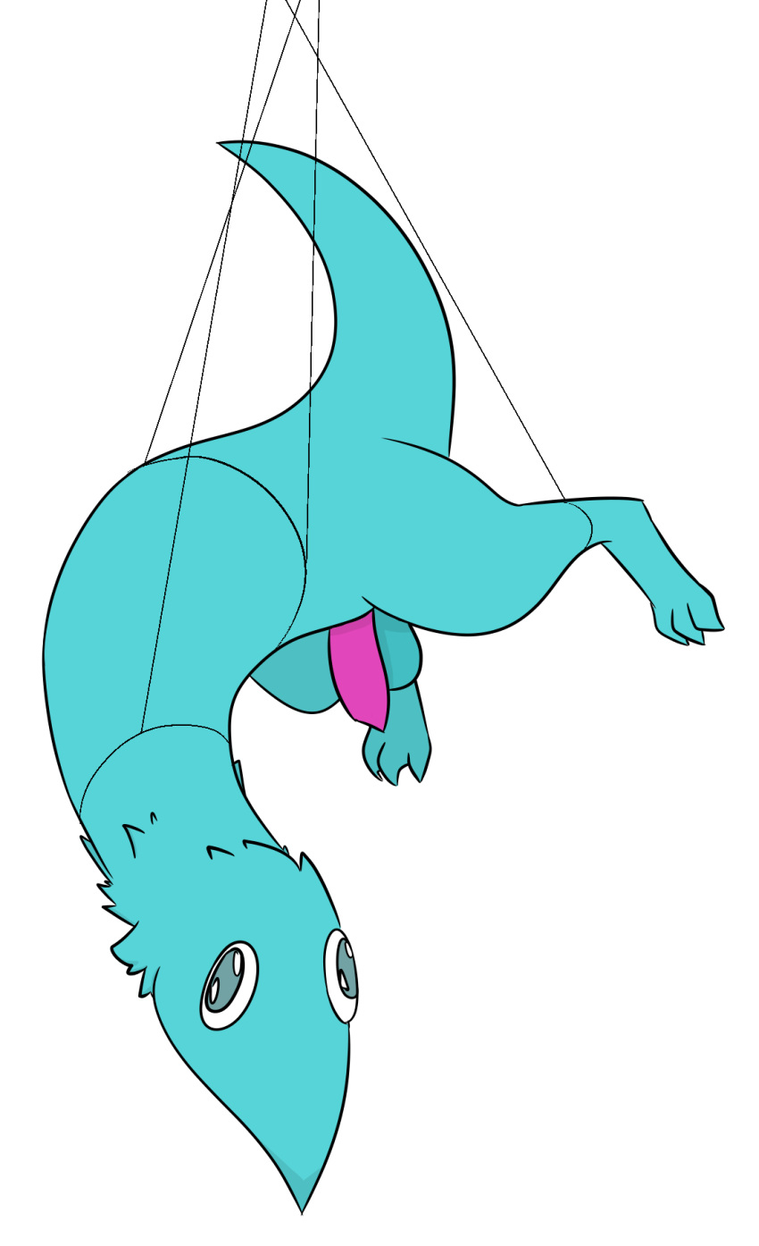 3_toes anthro armless balls bdsm bondage bound delta's_art feet genitals hanging_(disambiguation) hanging_belly hanging_by_tail hi_res male mouthless penis shaded short_tail simple_background simple_shading solo squirmle teal_eyes toes