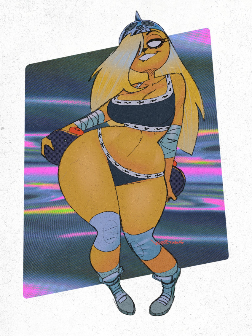 3:4 adventure_time anthro armor bite biting_lip blonde_hair bra bronwyn canid canine cartoon_network clothing female hair headgear helmet hi_res knee_pads looking_at_viewer mammal skateboard solo sports_bra thick_thighs underwear wide_hips wolftang