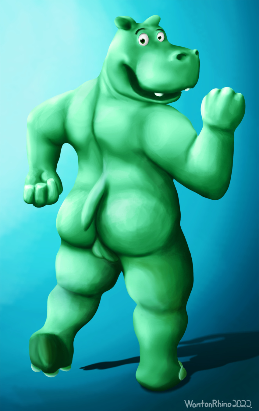 anthro balls big_butt blue_background butt calisthenics clay_creature common_hippopotamus exercise eyebrows fist genitals goo_creature green_body green_eyes hi_res hippopotamid hooves looking_at_viewer looking_back looking_back_at_viewer male mammal nude nude_male overweight overweight_male raised_arm raised_eyebrows raised_fist raised_foot simple_background smile smiling_at_viewer solo stretching teeth_visible wontonrhino