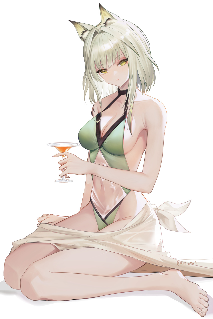 1girl absurdres animal_ear_fluff animal_ears arknights bangs bare_arms bare_legs bare_shoulders barefoot blonde_hair breasts casual_one-piece_swimsuit cat_ears cleavage closed_mouth covered_navel cup drink drinking_glass green_eyes green_swimsuit hair_intakes highres holding holding_cup kal'tsit_(arknights) kirsos looking_at_viewer medium_breasts one-piece_swimsuit sarong short_hair_with_long_locks sideboob sidelocks simple_background sitting solo swimsuit twitter_username wariza white_background