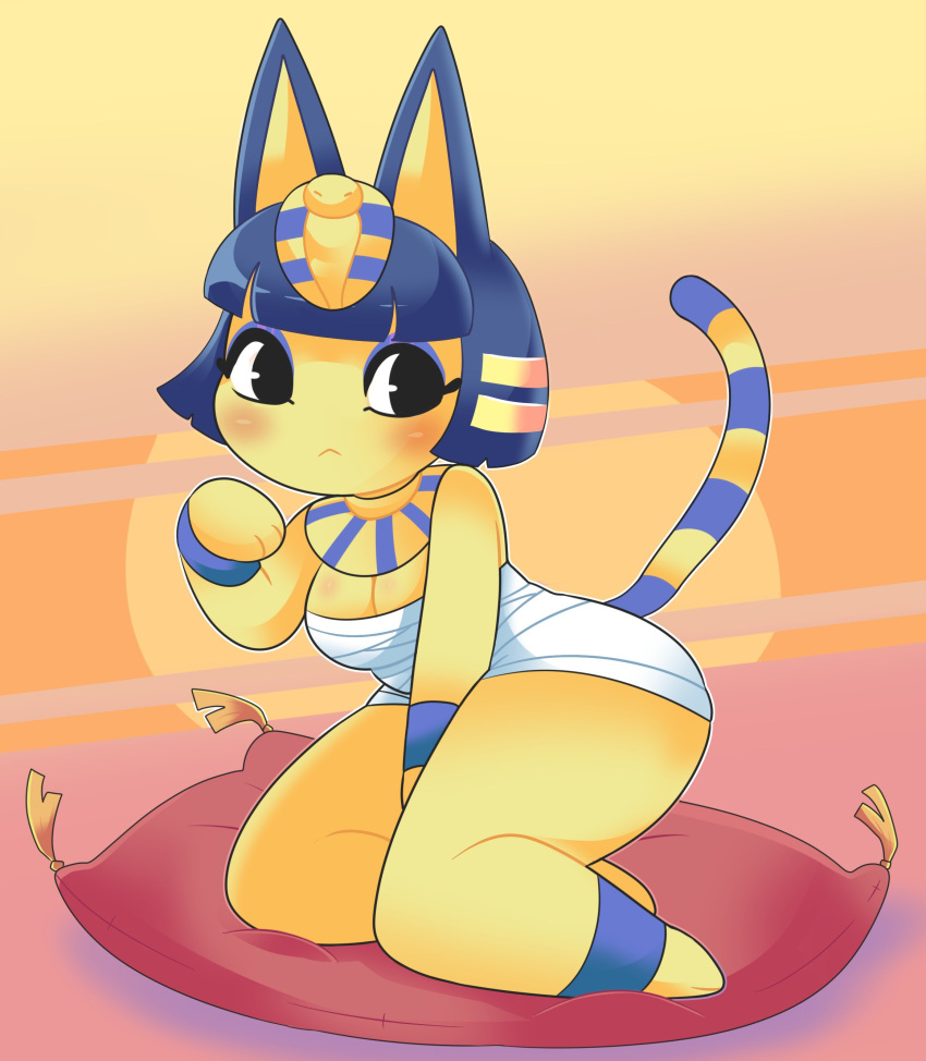 3_fingers absurd_res animal_crossing ankha_(animal_crossing) anthro blue_hair breasts cleavage clothed clothing digital_media_(artwork) domestic_cat egyptian eyelashes eyeshadow feet felid feline felis female fingers fur hair hi_res kneeling makeup mammal nintendo onigiri_punch pillow solo thick_thighs toes video_games yellow_body