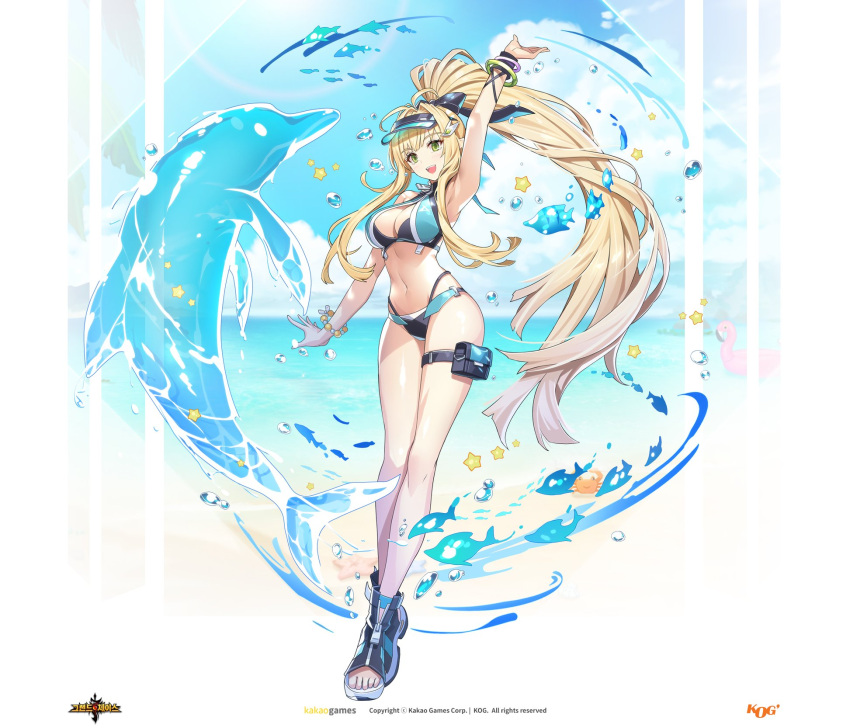 1girl :d ahoge arm_up armpits bangle bare_legs bare_shoulders bead_bracelet beads belt_pouch bikini black_bikini black_footwear blonde_hair blue_bikini bow bracelet breasts cleavage dolphin elf full_body grand_chase green_eyes hair_bow highleg highleg_bikini highres jewelry large_breasts lire_(grand_chase) long_hair long_legs looking_at_viewer navel official_art open_mouth pointy_ears ponytail pouch smile solo stomach string_bikini swimsuit thigh_strap thighs third-party_source toeless_footwear two-tone_bikini very_long_hair visor_cap water