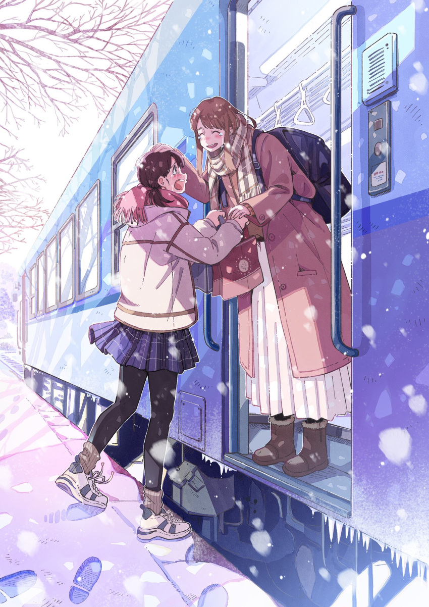 2girls backpack bag bangs black_hair black_pantyhose blush brown_hair coat crying eyebrows_hidden_by_hair graduation ground_vehicle handbag highres holding long_hair looking_at_another maria_komaki multiple_girls open_mouth original pantyhose scarf short_hair smile snow snowing tearing_up tears thighhighs train twintails winter_clothes winter_coat yuri