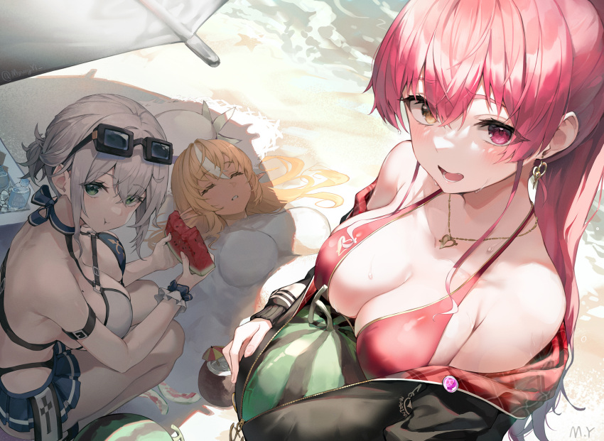 3girls :t anchor_ornament beach beach_umbrella bikini bikini_skirt black_jacket blonde_hair blush bottle breasts buried cleavage closed_eyes closed_mouth cocktail_umbrella coconut earrings eating eyewear_on_head food from_above fruit green_eyes hat hat_removed headwear_removed heart heart_earrings heart_necklace heterochromia highres holding holding_food holding_fruit hololive houshou_marine jacket jewelry large_breasts looking_at_viewer looking_up lying mole mole_on_breast multiple_girls myung_yi necklace off_shoulder on_back parted_lips ponytail red_eyes red_hair sand shade shiranui_flare shirogane_noel sunglasses swimsuit umbrella virtual_youtuber water_bottle watermelon watermelon_slice white_hair yellow_eyes zipper
