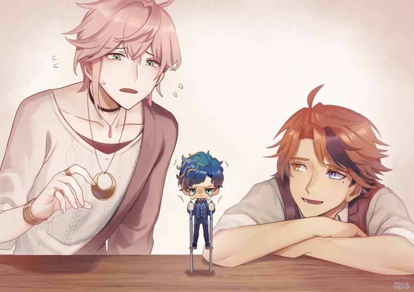 3boys :d :t ahoge aqua_eyes arms_on_table astel_leda asymmetrical_jacket black_choker black_hair blonde_hair blue_hair blue_jacket blue_pants bracelet brown_jacket brown_vest chibi choker collared_shirt crying crying_with_eyes_open curtained_hair earrings flying_sweatdrops green_eyes grey_shirt heterochromia highres holostars jacket jewelry looking_at_another lower_teeth male_focus mole mole_under_eye mono_(bluesky) multicolored_hair multiple_boys necktie open_mouth orange_eyes orange_hair pants pendant pink_hair pout purple_eyes red_necktie rikka_(holostars) ring shirt short_hair single_earring smile stilts streaked_hair sweatdrop sweater tears teeth trembling undershirt upper_body v-neck v-shaped_eyebrows vest virtual_youtuber white_shirt white_sweater wooden_table yukoku_roberu