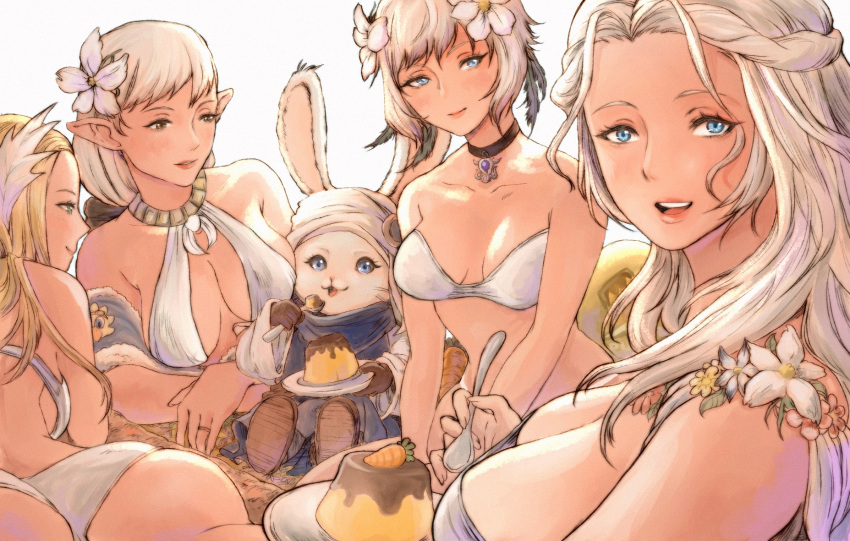 4girls ameliance_leveilleur animal_ears ass bikini breasts cat_ears elezen elf final_fantasy final_fantasy_xiv flower food gloves gusty10rk hair_flower hair_ornament harem highres hyur kan-e-senna loporrit miqo'te multiple_girls open_mouth plate pointy_ears pudding puddingway smile spoon strapless strapless_bikini swimsuit venat_(ff14) white_bikini white_gloves y'shtola_rhul