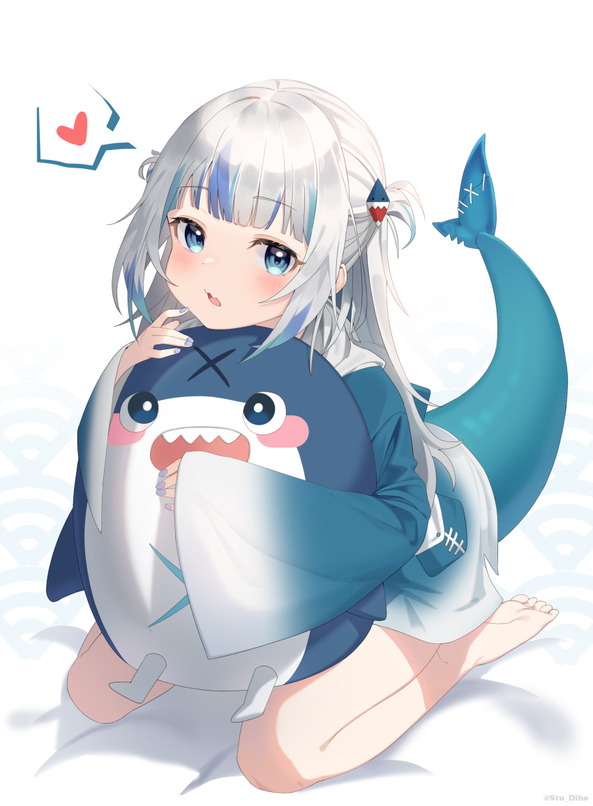 1girl absurdres animal_costume animal_hood bangs barefoot bloop_(gawr_gura) blue_eyes blue_hair blue_hoodie blunt_bangs blush fish_tail gawr_gura hair_ornament heart highres hololive hololive_english hood hoodie long_sleeves looking_at_viewer medium_hair multicolored_hair shark_costume shark_girl shark_hair_ornament shark_hood shark_tail sharp_teeth sleeves_past_wrists solo streaked_hair stu_diho stuffed_toy tail teeth two_side_up virtual_youtuber white_hair wide_sleeves