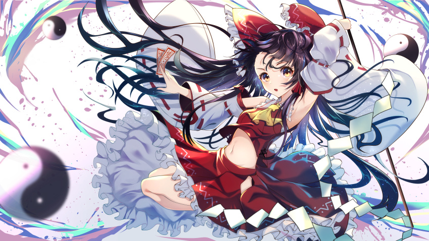 1girl absurdres ascot bare_shoulders black_hair blush bow brown_eyes detached_sleeves frilled_sleeves frills gohei hair_bow hakurei_reimu highres holding japanese_clothes long_hair nontraditional_miko ofuda open_mouth orb red_bow red_skirt ribbon-trimmed_sleeves ribbon_trim sidelocks skirt solo touhou wide_sleeves yamanakaume yellow_ascot yin_yang yin_yang_orb