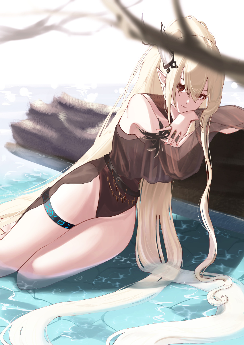 1girl absurdres aoi_tooru arknights arm_support bare_shoulders belt black_swimsuit blonde_hair branch casual_one-piece_swimsuit closed_mouth highres horns infection_monitor_(arknights) log long_hair looking_at_viewer one-piece_swimsuit pointy_ears ponytail reclining red_eyes see-through shallow_water shining_(arknights) shining_(silent_night)_(arknights) simple_background smile solo swimsuit swimsuit_cover-up thighlet very_long_hair water white_background