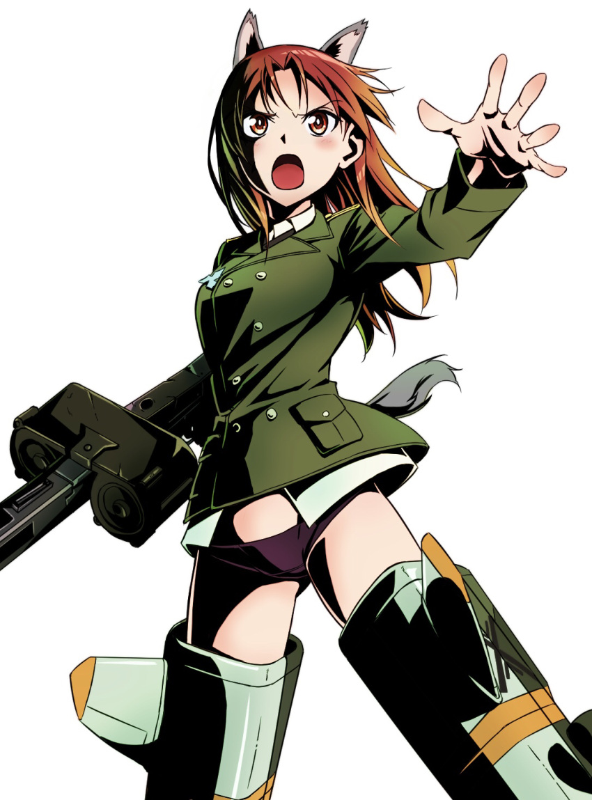 1girl 5to_rai animal_ears blush breasts buttons dog_ears dog_tail double-breasted green_jacket groin gun highres jacket long_hair machine_gun medium_breasts minna-dietlinde_wilcke open_mouth panties purple_panties red_eyes red_hair solo strike_witches striker_unit tail underwear weapon white_background world_witches_series