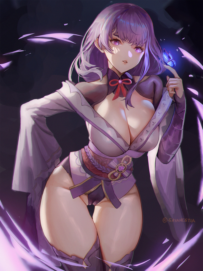 1girl bangs black_panties black_thighhighs breasts bug butterfly butterfly_on_hand cameltoe cleavage cowboy_shot dark_background genshin_impact glowing_butterfly hand_on_hip highres japanese_clothes kimono kimono_pull large_breasts leaning_forward long_hair long_sleeves looking_at_viewer no_pants off_shoulder panties parted_lips purple_eyes purple_hair purple_kimono raiden_shogun sayanestia shrug_(clothing) solo thigh_gap thighhighs twitter_username underwear wide_sleeves