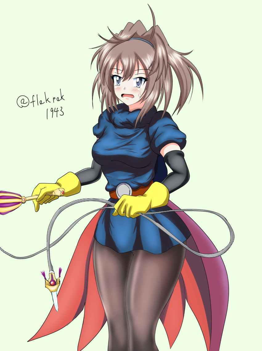 1girl barbara_(dq6) barbara_(dq6)_(cosplay) belt black_pantyhose blue_dress blue_eyes brown_hair commentary_request cosplay cowboy_shot dragon_quest dragon_quest_vi dress flak_f2-gata high_ponytail highres kantai_collection long_hair messy_hair open_mouth overskirt panties pantyhose ponytail sheffield_(kancolle) simple_background solo standing twitter_username underwear weapon whip white_background white_panties