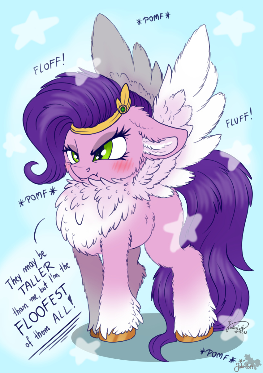 absurd_res blush chest_tuft dialogue english_text equid equine fluffy green_eyes hair hasbro headpiece hi_res hooves julunis14 mammal mlp_g5 my_little_pony pegasus pipp_petals_(mlp) pomf purple_hair sound_effects text tuft wings