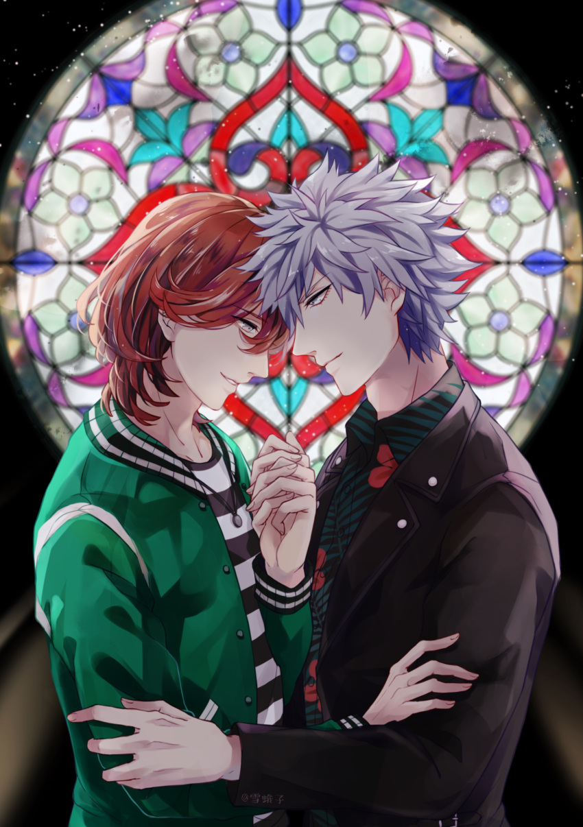 2boys absurdres black_jacket black_shirt blurry blurry_background brown_hair collared_shirt floral_print from_side green_jacket grey_eyes grey_hair hair_between_eyes hand_on_another's_arm highres holding_hands interlocked_fingers jacket jewelry kotobuki_reiji kurosaki_ranmaru leaf_print light_smile looking_at_another looking_down male_focus multiple_boys necklace official_alternate_costume open_clothes open_jacket parted_lips profile shirt short_hair smile spiked_hair stained_glass striped striped_shirt track_jacket upper_body uta_no_prince-sama uta_no_prince-sama:_shining_live white_shirt xue_ezi yaoi