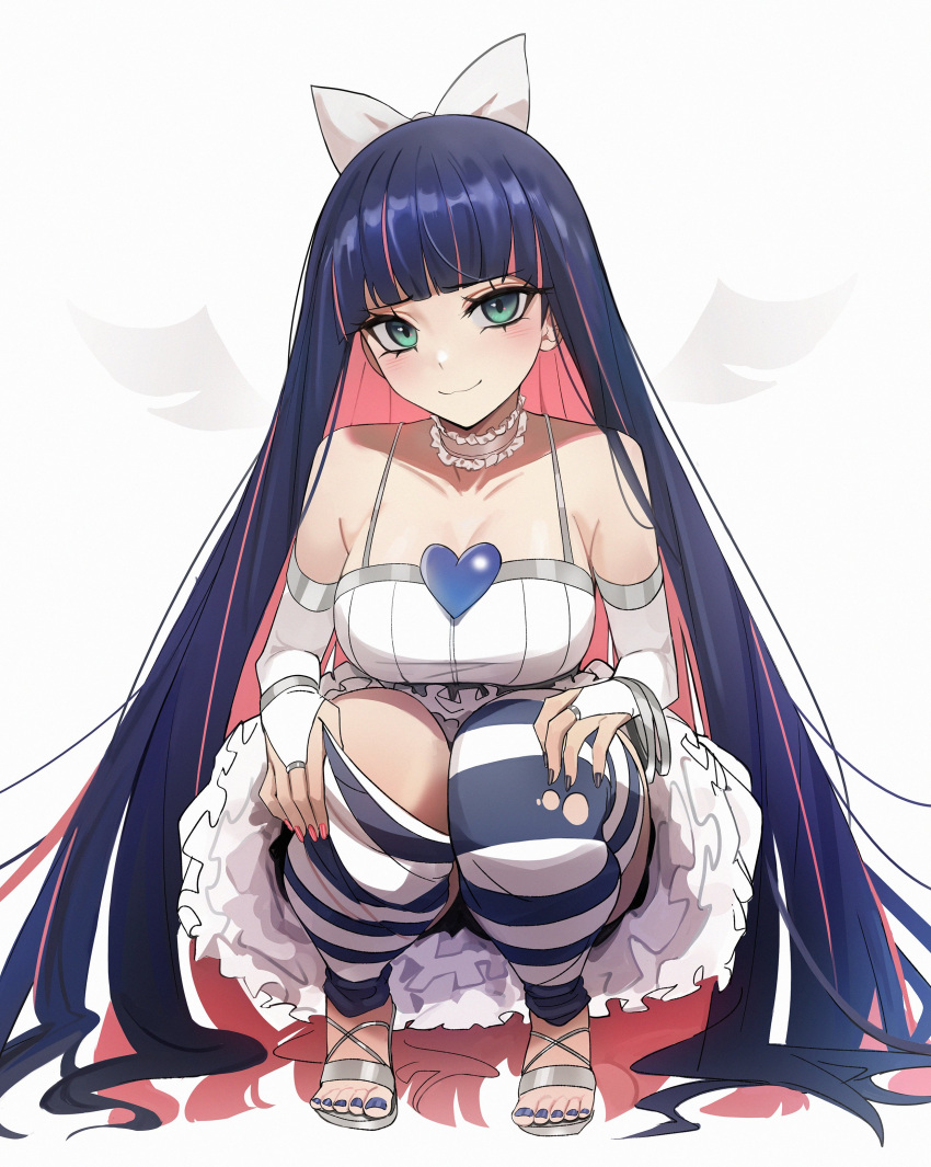 1girl :3 absurdres angel_wings aqua_eyes bangs bare_shoulders black_nails blue_hair blue_nails blue_thighhighs blunt_bangs blush bow breasts bridal_gauntlets choker cleavage closed_mouth collarbone colored_inner_hair cross-laced_footwear dress frilled_choker frills full_body hair_bow hair_ornament heart high_heels highres kiritzugu kneeling large_breasts long_hair looking_at_viewer multicolored_hair nail_polish panty_&amp;_stocking_with_garterbelt pink_hair puffy_dress red_nails short_dress silver_footwear simple_background smile solo stocking_(psg) straight_hair striped striped_legwear thighhighs torn_clothes torn_legwear tsurime two-tone_hair very_long_hair white_background white_bow white_choker white_dress wings