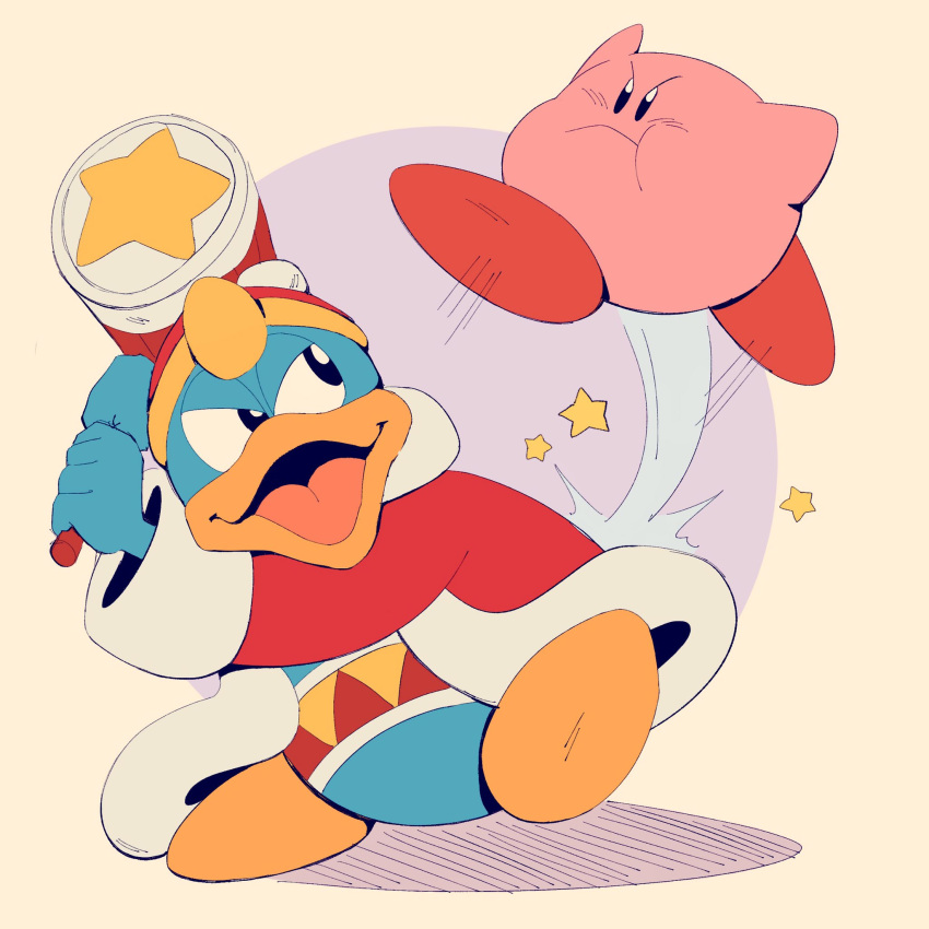 1:1 2022 angry anthro avian biped bird blue_body clothing daisiloou digital_drawing_(artwork) digital_media_(artwork) duo fight flat_colors hammer hat headgear headwear hi_res holding_hammer holding_object holding_tool jumping king_dedede kirby kirby_(series) looking_aside looking_at_another male nintendo penguin pink_body robe simple_background star tools video_games waddling_head