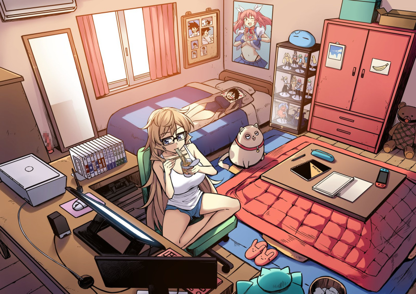 1girl bare_legs barefoot blonde_hair blue_shorts body_pillow breasts chopsticks computer copyright_request curtains eating furi2play! glasses highres indoors kotatsu large_breasts long_hair margit_hartmann mirror monitor mouse_(computer) notebook peach_(momozen) pillow poster_(object) shadow shorts sitting slippers slippers_removed solo table tank_top very_long_hair white_tank_top wide_shot window