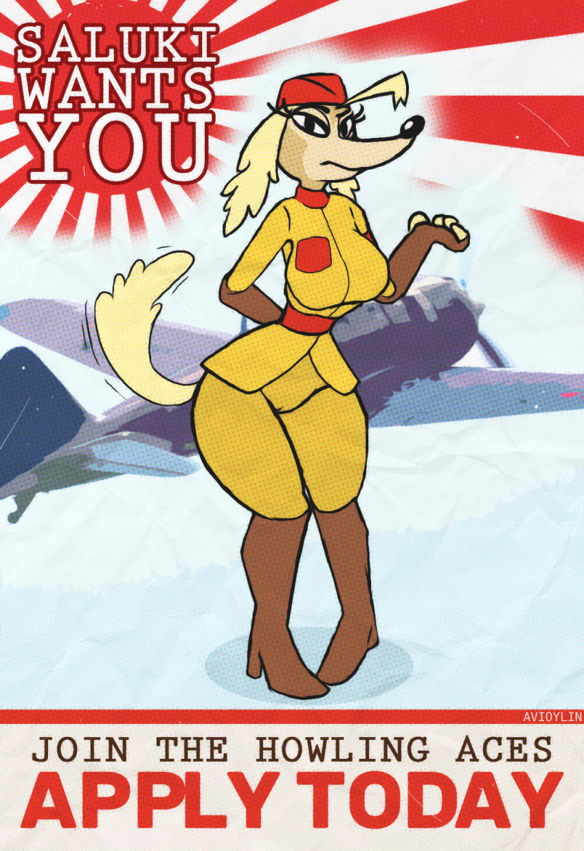 aircraft airplane anthro avioylin big_breasts borzoi breasts camel_toe canid canine canis clothing cuphead_(game) domestic_dog female hi_res hunting_dog japanese looking_at_viewer mammal military_uniform pilot_saluki_(cuphead) pinup pose poster red_sun retro sighthound solo text thick_thighs uniform video_games