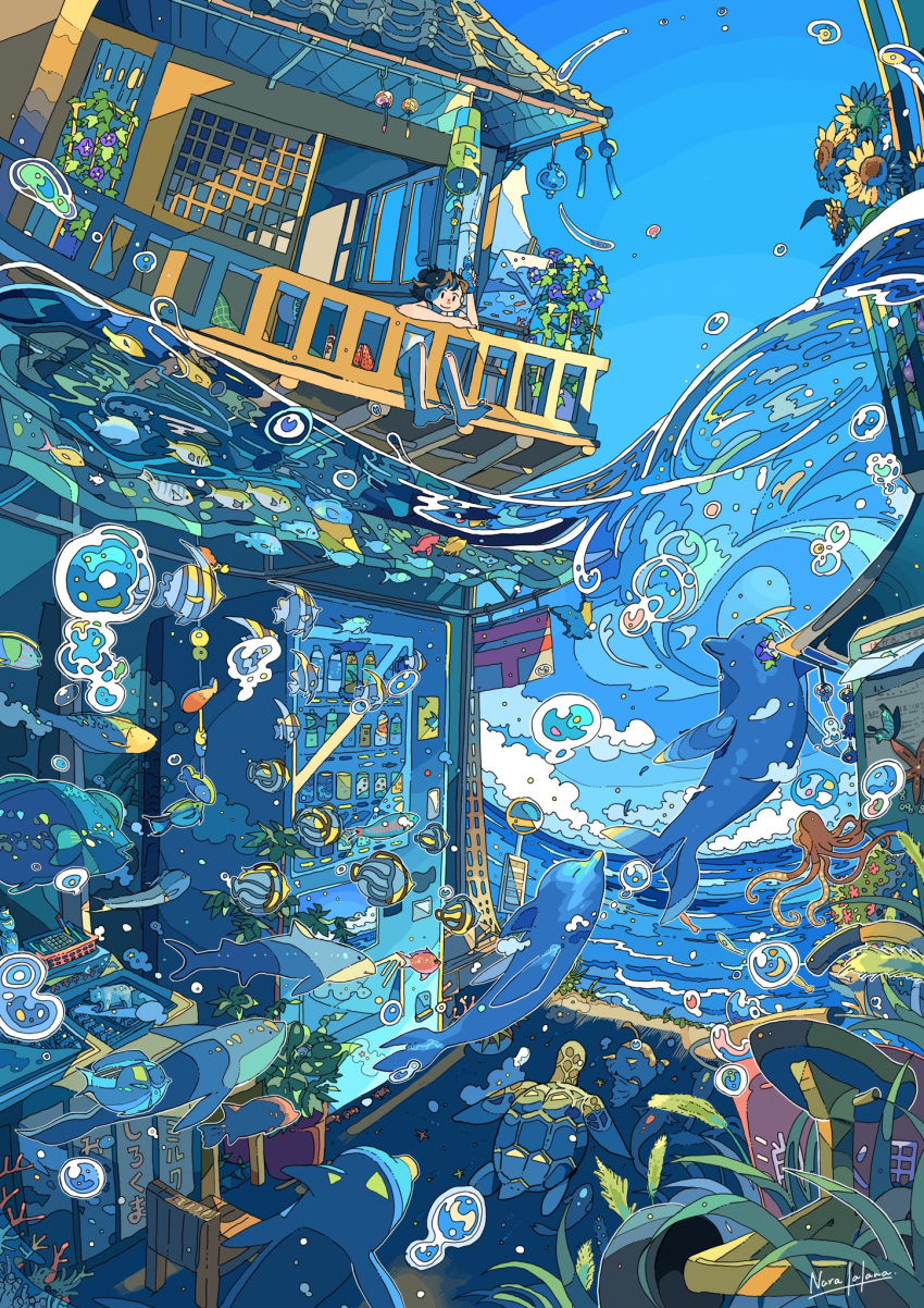 1girl barefoot blue_theme bottle bubble can dolphin feet fish flower highres nara_lalana octopus original purple_flower starfish toes translation_request turtle underwater underwater_city vending_machine water
