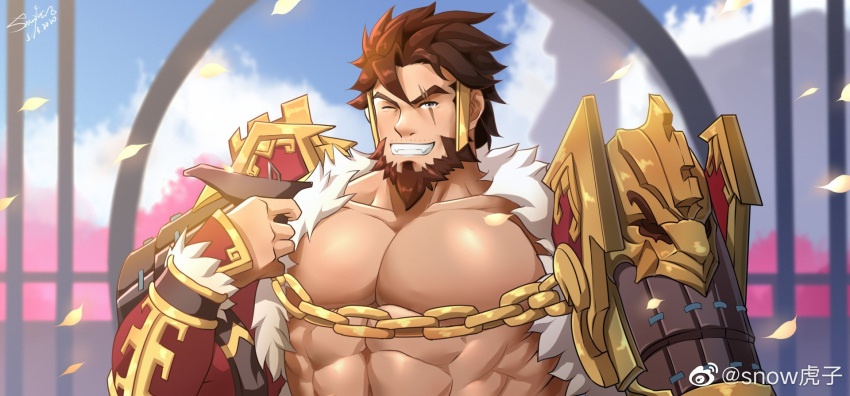 1boy abs armor bara beard chain character_request check_copyright copyright_request facial_hair falling_petals full_beard grin highres huzee_tiger large_pectorals looking_at_viewer male_focus mature_male muscular muscular_male mustache_stubble one_eye_closed orient_arcadia pauldrons pectorals petals scar scar_across_eye short_hair shoulder_armor smile solo textless_version thick_beard thick_eyebrows upper_body