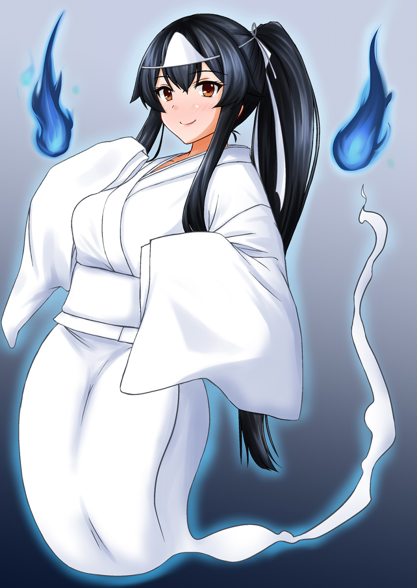 1girl black_hair commission ghost ghost_tail highres hitodama japanese_clothes kamiya_tadato kantai_collection long_hair looking_at_viewer pixiv_commission ponytail red_eyes simple_background sleeves_past_fingers sleeves_past_wrists solo triangular_headpiece yahagi_(kancolle)