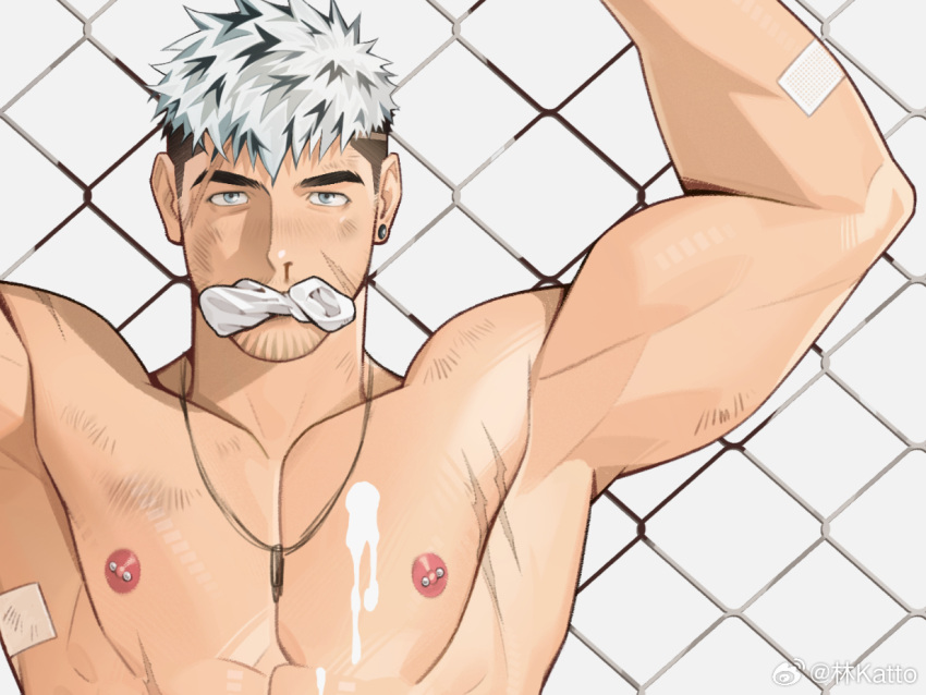 1boy against_fence arms_up bandaid bandaid_on_arm bara barbell_piercing beard_stubble blood blue_eyes cum cum_on_body cum_on_male cum_on_pectorals fence katto8452 looking_at_viewer male_focus multicolored_hair muscular muscular_male nipples nosebleed nude original paid_reward_available pectorals piercing sanpaku short_hair sideburns_stubble sock_in_mouth solo thick_eyebrows two-tone_hair upper_body white_hair