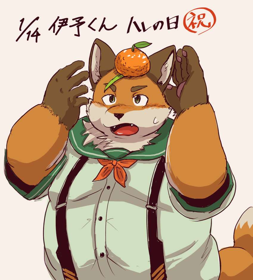 2024 anthro aotadobukitch belly bodily_fluids canid canine clothing food fox fruit hi_res iyo_(tamacolle) japanese_text kemono male mammal orange_(fruit) orange_body overweight overweight_male plant shirt simple_background solo sweat tamacolle text topwear