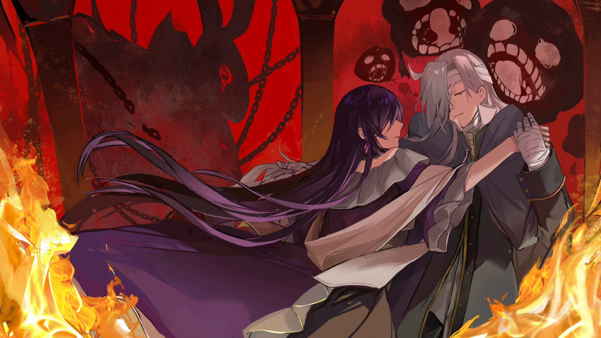 1boy 1girl b-rabbit bandaged_hand bandaged_head bandages chain_(pandora_hearts) closed_eyes coat dancing dress drop_earrings earrings fire grey_coat grey_hair highres jewelry lacie_baskerville long_hair pandora_hearts purple_dress purple_hair revis_baskerville shawl very_long_hair xiuning233