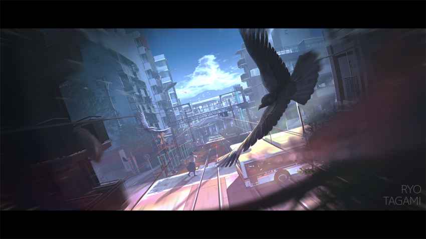 1girl artist_name bird blue_skirt blurry building bus city cityscape cloud commentary_request cumulonimbus_cloud depth_of_field falling_feathers letterboxed motor_vehicle original outdoors overhead_line power_lines railroad_crossing railroad_tracks road running scenery shirt short_sleeves skirt tanaka_ryosuke tree utility_pole white_shirt