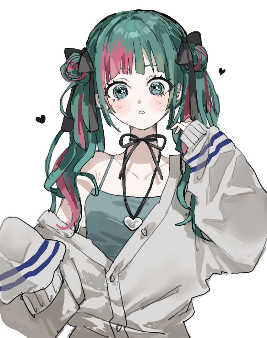 1girl :d black_ribbon blue_camisole blue_cardigan blue_eyes blush_stickers buttons camisole cardigan collarbone cowboy_shot dot_nose double_bun green_hair hair_bun hair_ribbon hand_up hatsune_miku heart heart_pendant highres inu_totemo jacket long_bangs long_hair long_sleeves looking_at_viewer multicolored_clothes multicolored_hair multicolored_jacket neck_ribbon parted_lips pink_hair ribbon simple_background single_bare_shoulder single_off_shoulder sleeves_past_wrists smile solo streaked_hair striped_cardigan teeth twintails two-tone_hair two-tone_jacket vocaloid white_background white_cardigan