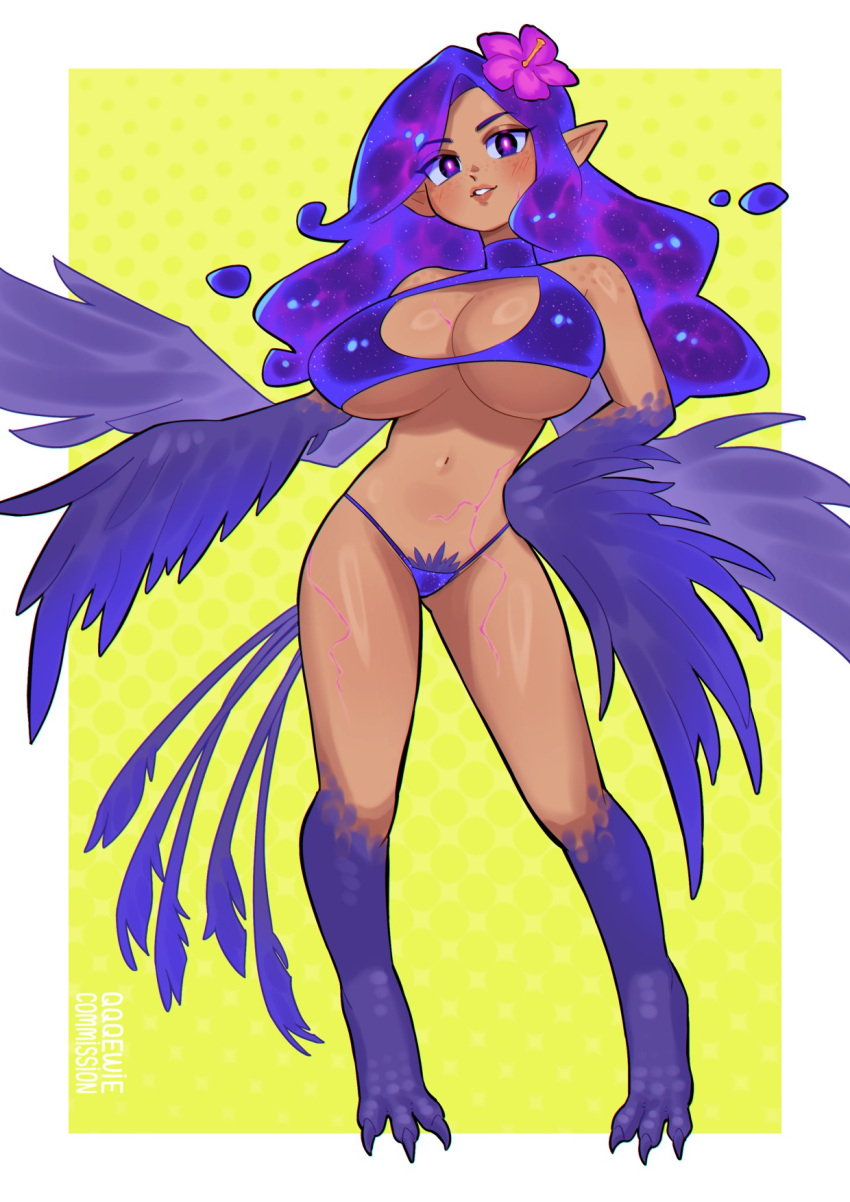 1girl 333_(dqqqdle) bird_legs bird_tail blush breasts dark-skinned_female dark_skin feathered_wings feathers flower full_body hair_flower hair_ornament hand_on_own_hip harpy highres large_breasts liquid_hair monster_girl navel original pointy_ears pubic_hair purple_eyes purple_hair purple_tail purple_wings solo swimsuit tail talons winged_arms wings