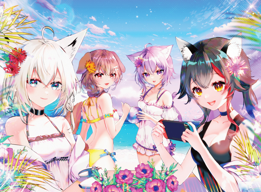 4girls ahoge animal_ear_fluff animal_ears beach bikini black_choker black_hair black_one-piece_swimsuit blush braid brown_eyes cat_ears cat_girl cat_tail choker cloud cloudy_sky commentary_request dog_ears dog_girl dog_tail earrings flower fox_ears fox_girl green_eyes hair_between_eyes hair_flower hair_ornament handheld_game_console highres holding holding_handheld_game_console hololive hololive_gamers inugami_korone jewelry long_hair looking_at_viewer multicolored_hair multiple_girls nekomata_okayu nintendo_switch ocean one-piece_swimsuit ookami_mio open_mouth outdoors purple_eyes purple_hair red_hair shirakami_fubuki sidelocks single_braid sitting sky smile sowon streaked_hair swimsuit table tail virtual_youtuber white_hair wolf_ears wolf_girl yellow_bikini yellow_eyes