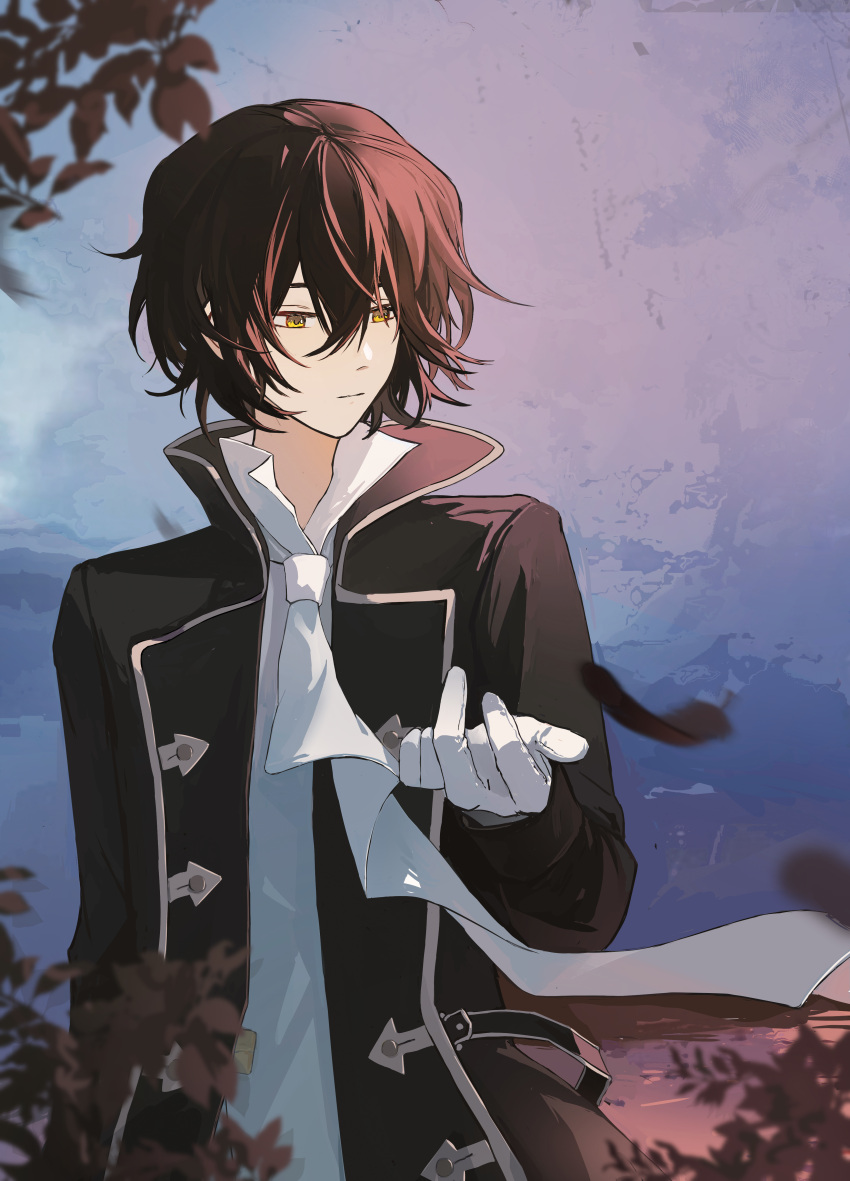 1boy absurdres ascot black_coat black_hair coat gilbert_nightray gloves highres looking_to_the_side male_focus pandora_hearts shirt short_hair solo upper_body white_ascot white_gloves white_shirt xiuning233 yellow_eyes